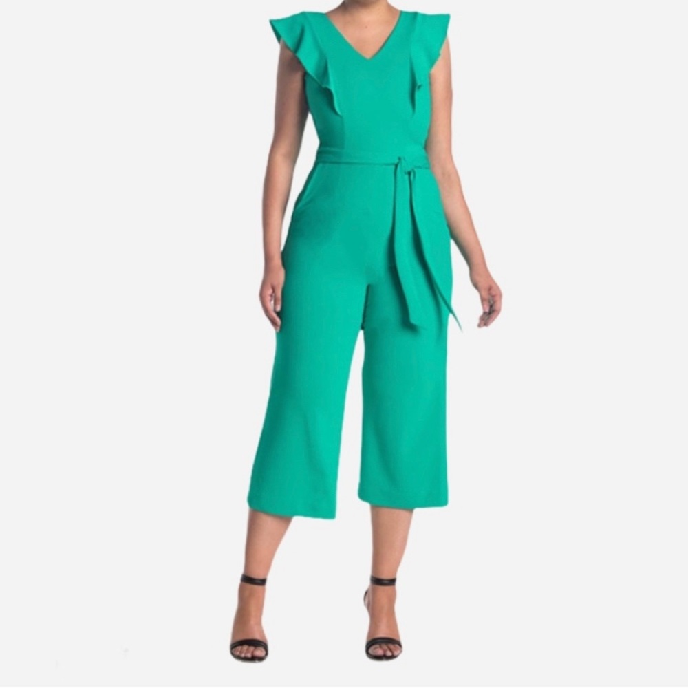 Tahari ASL Ruffle Tie Waist Scuba Crepe Crop Jumpsuit Size 6